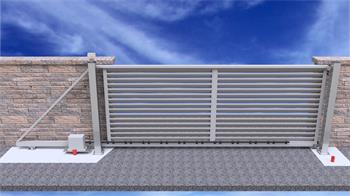 Posuvná brána samonosná, výška 2m (průjezd 3m), pro vlastní výplň, s pojezdy a sloupky. zinek žár